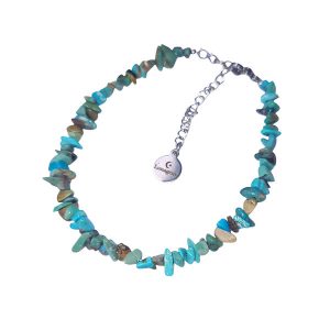 Armband met donkerzilverkleurig verlengkettinkje en turkoois splitkralen.