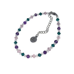 Armband met amethist en Swarovski kraaltjes en een donkerzilverkleurig verlengkettinkje.