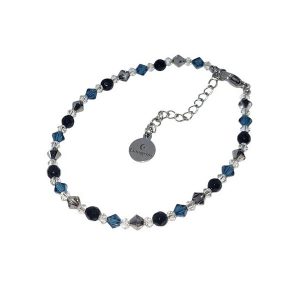 Armband met onyx en Swarovski kraaltjes en een donkerzilverkleurig verlengkettinkje.