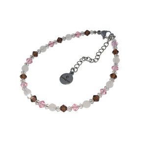 Armband met rozenkwarts en Swarovski kraaltjes en een donkerzilverkleurig verlengkettinkje.