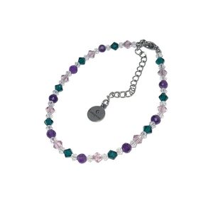 Armband met amethist en Swarovski kraaltjes en een donkerzilverkleurig verlengkettinkje.
