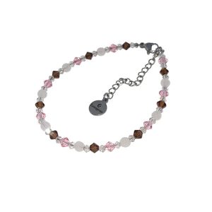 Armband met rozenkwarts en Swarovski kraaltjes en een donkerzilverkleurig verlengkettinkje.