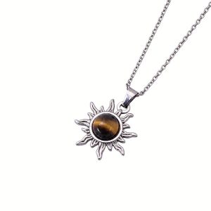 Zilveren stainless steel ketting met een zon hanger met tijgeroog steen.
