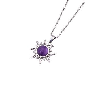 Zilveren stainless steel ketting met een zon hanger met amethist steen.