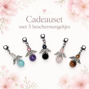 Vijf beschermengeltjes met amazoniet, amethist, onyx, tijgeroog, rozenkwarts en swarovski parel