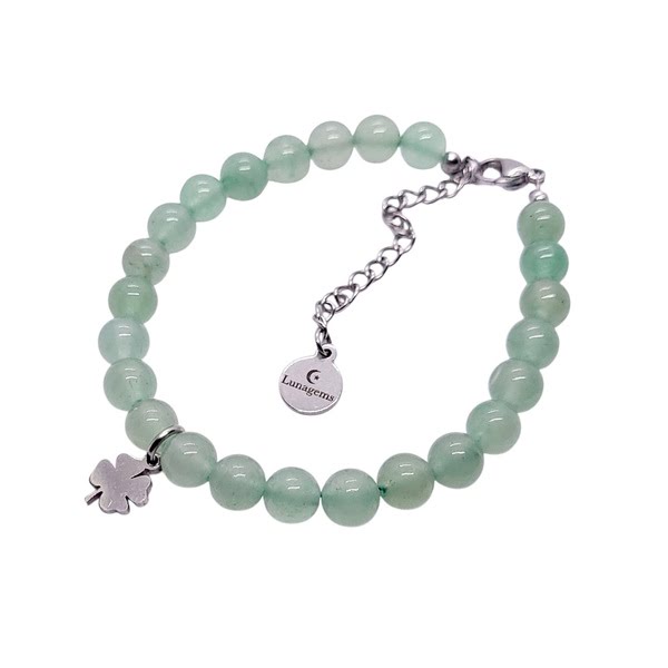 Armband met aventurijn kralen, RVS verlengkettinkje en klavertje 4 bedel