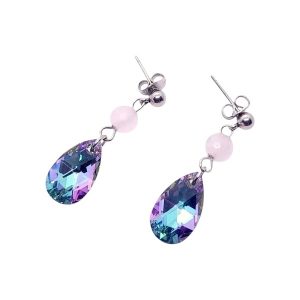 zilveren rvs oorbelstekers met rozenkwarts en Swarovski druppels in de kleur Vitrail Light