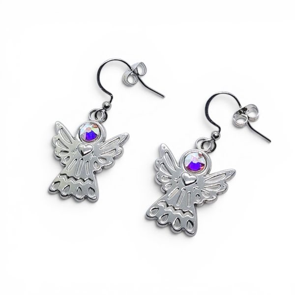 Oorbellen stainless steel met engeltje en Swarovski steentje