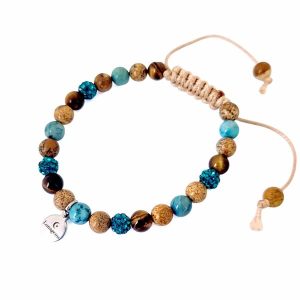 Geknoopte armband van beige koord met jaspis, blue crazy agaat, tijgeroog en rhinestone kralen