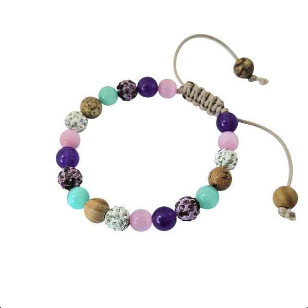 Handgeknoopte armband met jaspis, geverfde kwarts, cateye en rhinestone kralen
