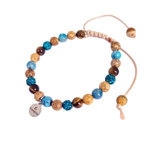 Geknoopte armband van beige koord met jaspis, blue crazy agaat, tijgeroog en rhinestone kralen