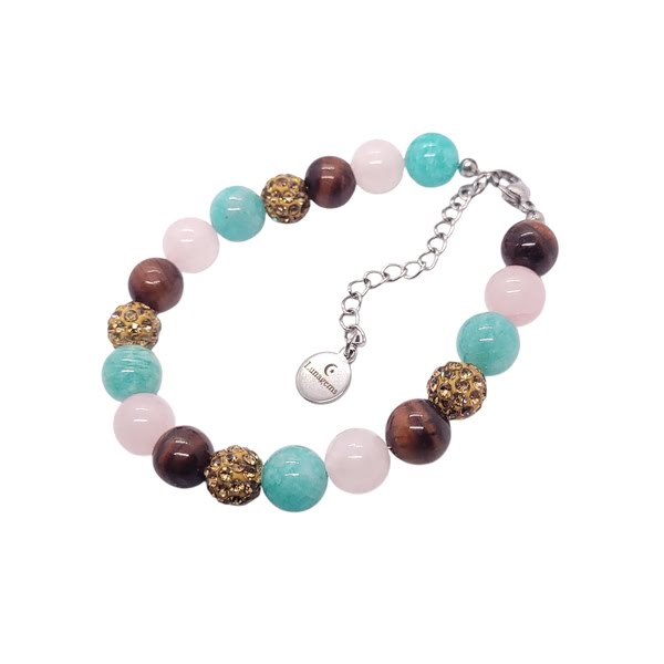 Armband met rode tijgeroog, rozenkwarts, amazoniet, goudkleurige rhinestone kralen