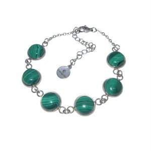 Stainless steel armband met zes cabochon geslepen malachiet cabochons