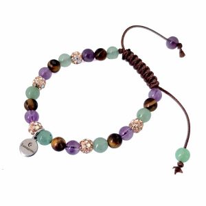 Geknoopte armband van donkerbruin waxkoord met amethist, tijgeroog, aventurijn en champagnekleurige glitterkralen