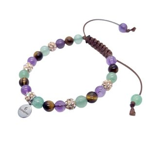 Handgeknoopte armband met amethist, tijgeroog, aventurijn en rhinestone