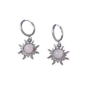 Oorbelringen stainless steel met zonnetjes rozenkwarts zilver