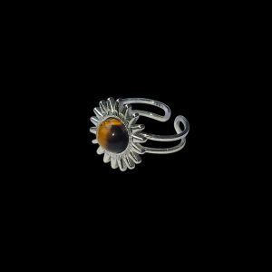 Zilverkleurige stainless steel ring met zon en tijgeroog cabochon