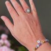 Zilveren stainless steel zon ring met rozenkwarts en armband met amethist, groene angeliet, paarse rhinestone kralen, jaspis en rozenkwarts