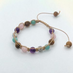 Handgeknoopte armband amethist, rozenkwarts, jaspis, amazoniet en rhinestone