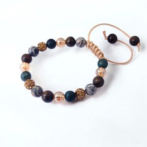Handgeknoopte armband met mosagaat, bronziet, jaspis en rhinestone