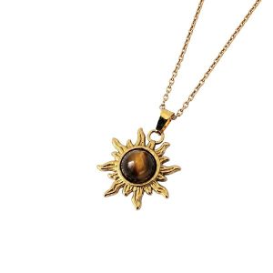Gouden stainless steel ketting met een zon hanger met tijgeroog steen.