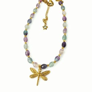 Goudkleurige rvs ketting met gekleurde fluoriet kralen en libelle bedel