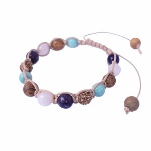 Geknoopte armband beige waxkoord en amethist, rozenkwarts, jaspis, amazoniet en goudkleurige rhinestone kralen