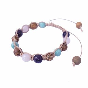 Geknoopte armband beige waxkoord en amethist, rozenkwarts, jaspis, amazoniet en goudkleurige rhinestone kralen
