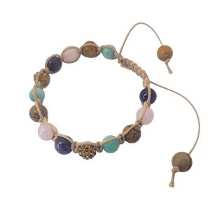 geknoopte armband van beige waxkoord met amethist, rozenkwarts, jaspis, amazoniet en goudkleurige rhinestone kralen