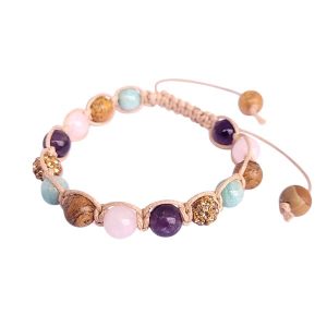 Geknoopte armband van beige koord en amethist, rozenkwarts, jaspis, amazoniet en rhinestone kralen