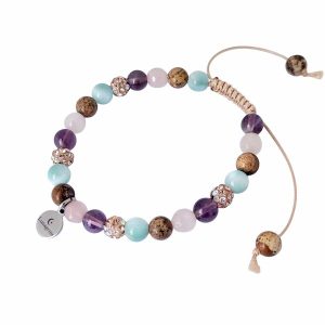 Geknoopte armband van beige waxkoord met amethist, rozenkwarts, jaspis, groene angeliet en champagnekleurige glitterkralen