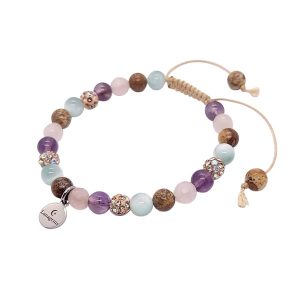 Geknoopte armband van beige waxkoord met amethist, rozenkwarts, jaspis, groene angeliet en champagnekleurige glitterkralen