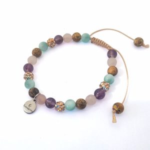 Handgeknoopte armband met amethist, rozenkwarts, jaspis, angeliet en rhinestone