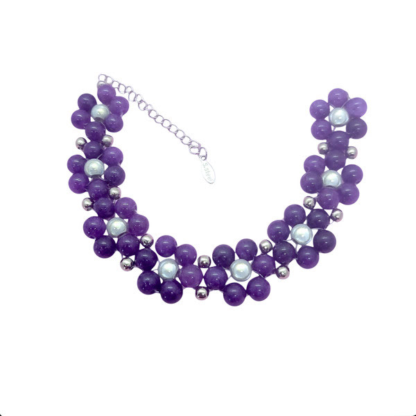 Bloemetjes armband van geverfde kwarts en miracle beads met verlengkettinkje stainless steel