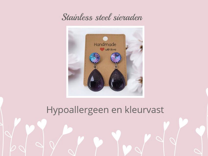 Stainless steel oorbellen met Swarovski en amethist druppels